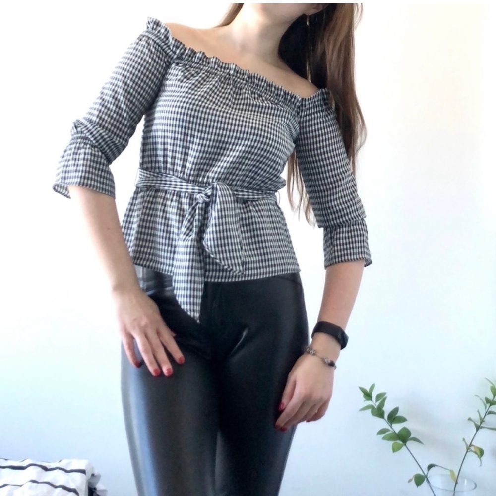 Highline Collective gingham crop top off shoulder blouse checkered print black